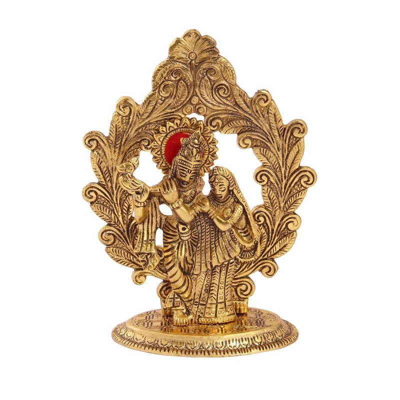 Radha Krishna playing flute with arch at the back in metal