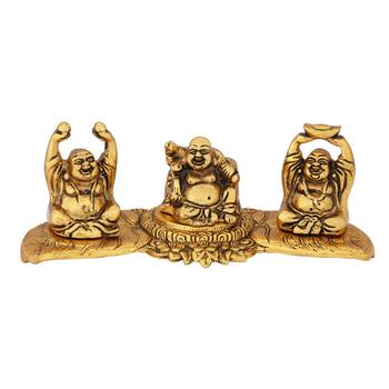 Laughing buddha in 3 postures in metal antique gold plated 1