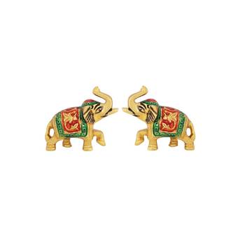 Elephant pair in metal enamel painted trunk up 1