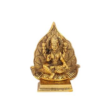 Lakshmi ji with leaf back drop in antique golden finish metal 1