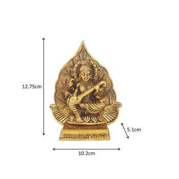 Saraswati ji with leaf back drop in antique golden finish metal 2