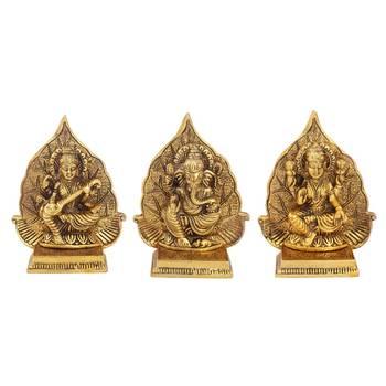 Lakshmi ji Ganesh ji and saraswati ji with leaf backdrop in metal antique golden finish 1