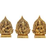 Lakshmi ji Ganesh ji and saraswati ji with leaf backdrop in metal antique golden finish