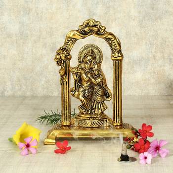Handicrafts Paradise Radha Krishna standing under mehrab in metal showpiece for home dacor and gifting - 7 inches 1