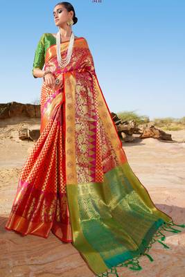 Red woven banarasi silk saree with blouse 1