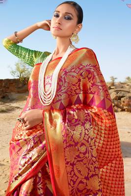 Red woven banarasi silk saree with blouse 2