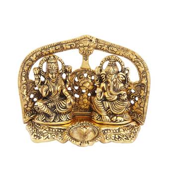 Lakshmi Ganesh seated with diya antique gold plated 1