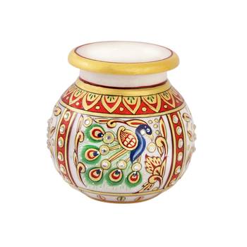Flower Pot in Round Shape with Peacock painted in Marble 1