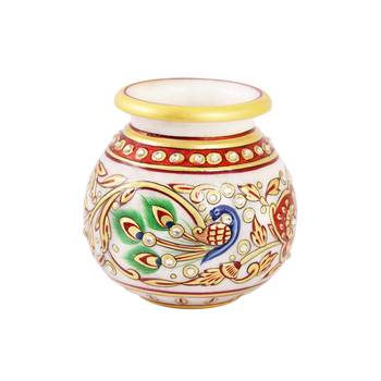 Flower Pot in Round Shape in marble with Peacock painted 1