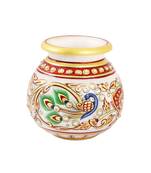 Flower Pot in Round Shape in marble with Peacock painted