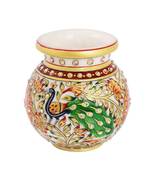 Round Flower Pot in marble with Peacock painted with long Feathers