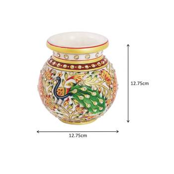 Round Flower Pot in marble with Peacock painted with long Feathers 2