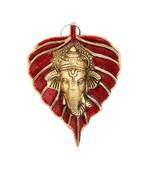 Wall hanging red leaf shaped with ganesha face motiff in metal