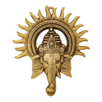 Wall hanging ganesha medium sun shaped antique golden finish in metal 1