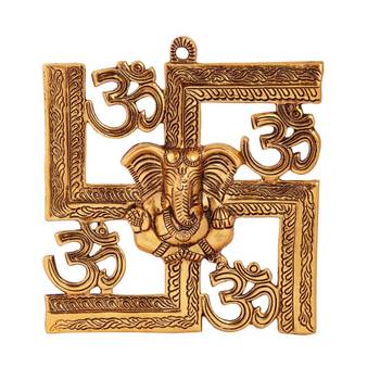 Wall hanging swastik with om and ganesh motiff in metal antique golden finish 1
