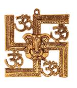 Wall hanging swastik with om and ganesh motiff in metal antique golden finish