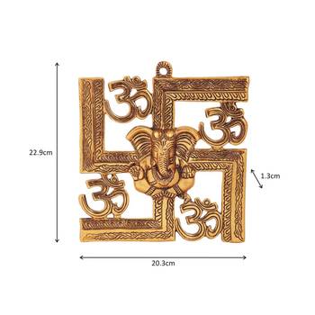 Wall hanging swastik with om and ganesh motiff in metal antique golden finish 2