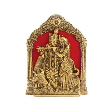 Radha Krishna with cow on thin metal frame wall hanging and for table antique golden finish 1