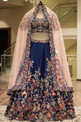 Blue embroidered Taffeta silk semi stitched lehenga 1