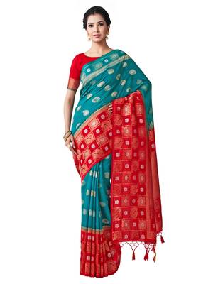 Teal Hand Woven Art Silk Saree With Blouse 1