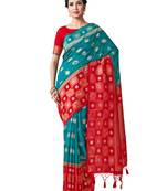 Teal Hand Woven Art Silk Saree With Blouse