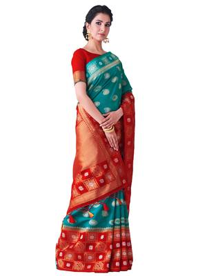 Teal Hand Woven Art Silk Saree With Blouse 2
