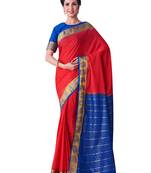 Red Hand Woven Crepe Saree With Blouse