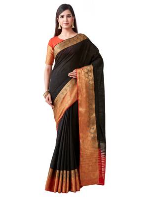 Black Hand Woven Linen Saree With Blouse 1