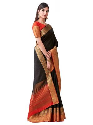 Black Hand Woven Linen Saree With Blouse 2
