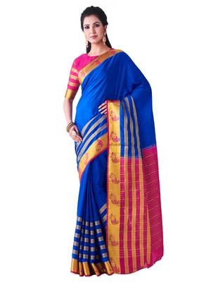 Blue Hand Woven Crepe Saree With Blouse 1