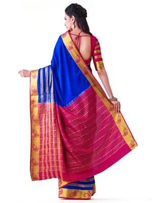 Blue Hand Woven Crepe Saree With Blouse 5