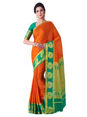 Orange Hand Woven Crepe Saree With Blouse 1