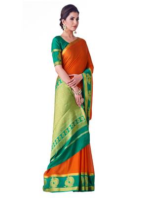 Orange Hand Woven Crepe Saree With Blouse 2