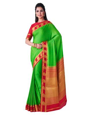 Green hand woven crepe saree with blouse 1