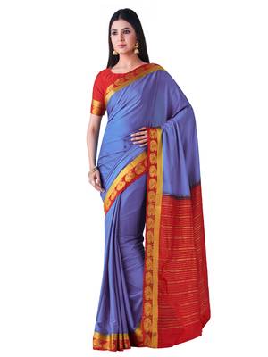 Blue Hand Woven Crepe Saree With Blouse 1
