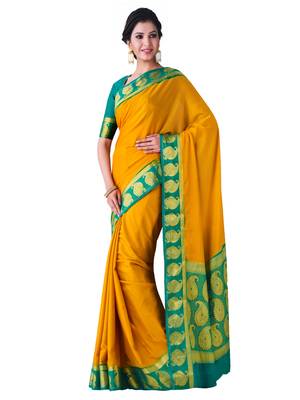 Mustard Hand Woven Crepe Saree With Blouse 1