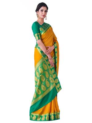 Mustard Hand Woven Crepe Saree With Blouse 2