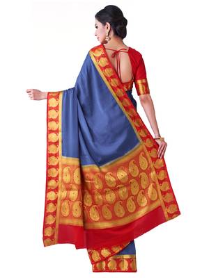 Blue Hand Woven Crepe Saree With Blouse 4