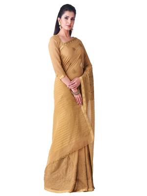 Brown Embroidered Chiffon Saree With Blouse 2