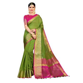 Green woven cotton silk saree with blouse 1