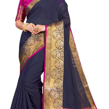 Blue woven cotton silk saree with blouse 4