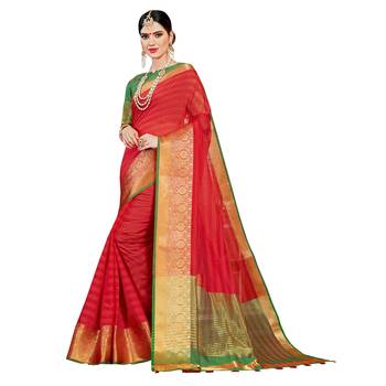 Red woven cotton silk saree with blouse 1