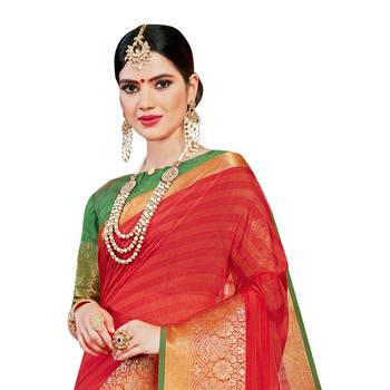 Red woven cotton silk saree with blouse 2