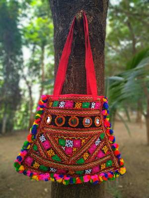 Real Mirror Worked Kutch Embroidered Banjara Tote Bag With Multicolored Pompoms All Around 1