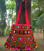 Real Mirror Worked Kutch Embroidered Banjara Tote Bag With Multicolored Pompoms All Around