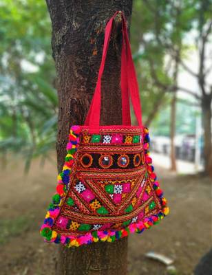 Real Mirror Worked Kutch Embroidered Banjara Tote Bag With Multicolored Pompoms All Around 2
