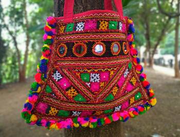 Real Mirror Worked Kutch Embroidered Banjara Tote Bag With Multicolored Pompoms All Around 3
