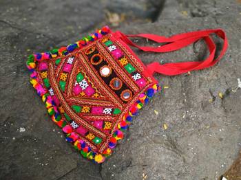 Real Mirror Worked Kutch Embroidered Banjara Tote Bag With Multicolored Pompoms All Around 4