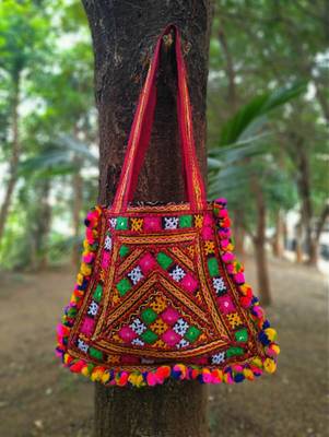 Kutch Embroidered Banjara Tote Bag With Multicolored Pompoms All Around With Non Adjustable Strap 1