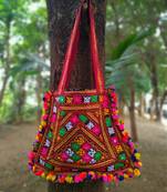 Kutch Embroidered Banjara Tote Bag With Multicolored Pompoms All Around With Non Adjustable Strap